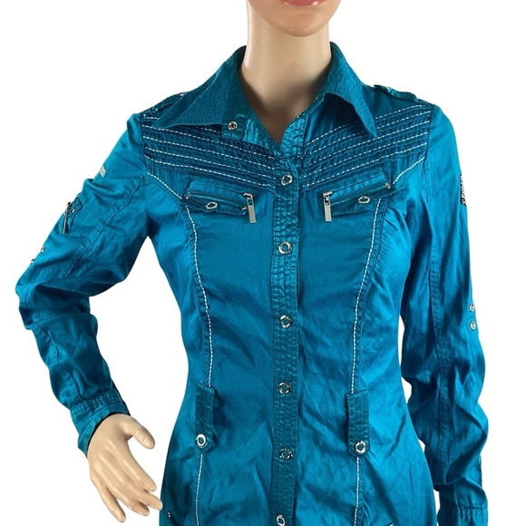 Coogi Shiny Snap Front Stretch Utility Mini Shirt Dress Teal Small - Picture 2 of 7